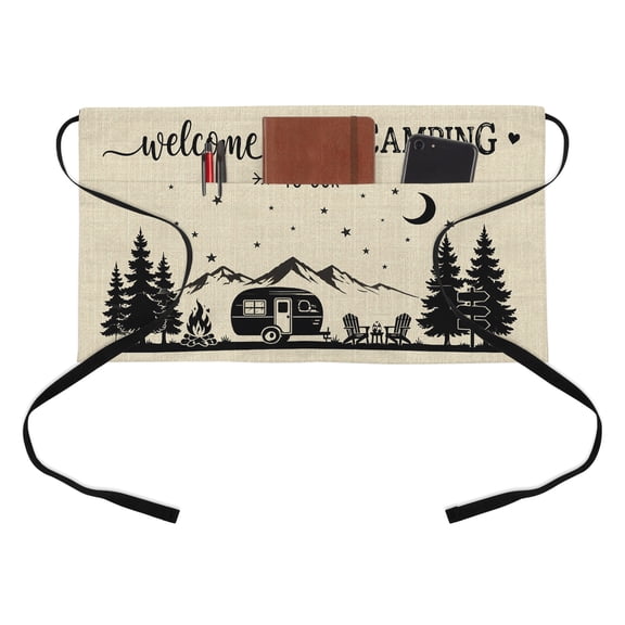 Camping Theme Kitchen Restaurant Half Waist Apron, Black Camper Mountains Forest Rustic Linen Server Short Apron with 3 Pockets Waterproof Oil Waist Aprons for Women Waitress Waiter