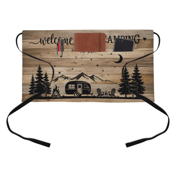 Camping Theme Kitchen Restaurant Half Waist Apron, Black Camper Mountains Forest Rustic Wood Grain Server Short Apron with 3 Pockets Waterproof Oil Waist Aprons for Women Waitress Waiter