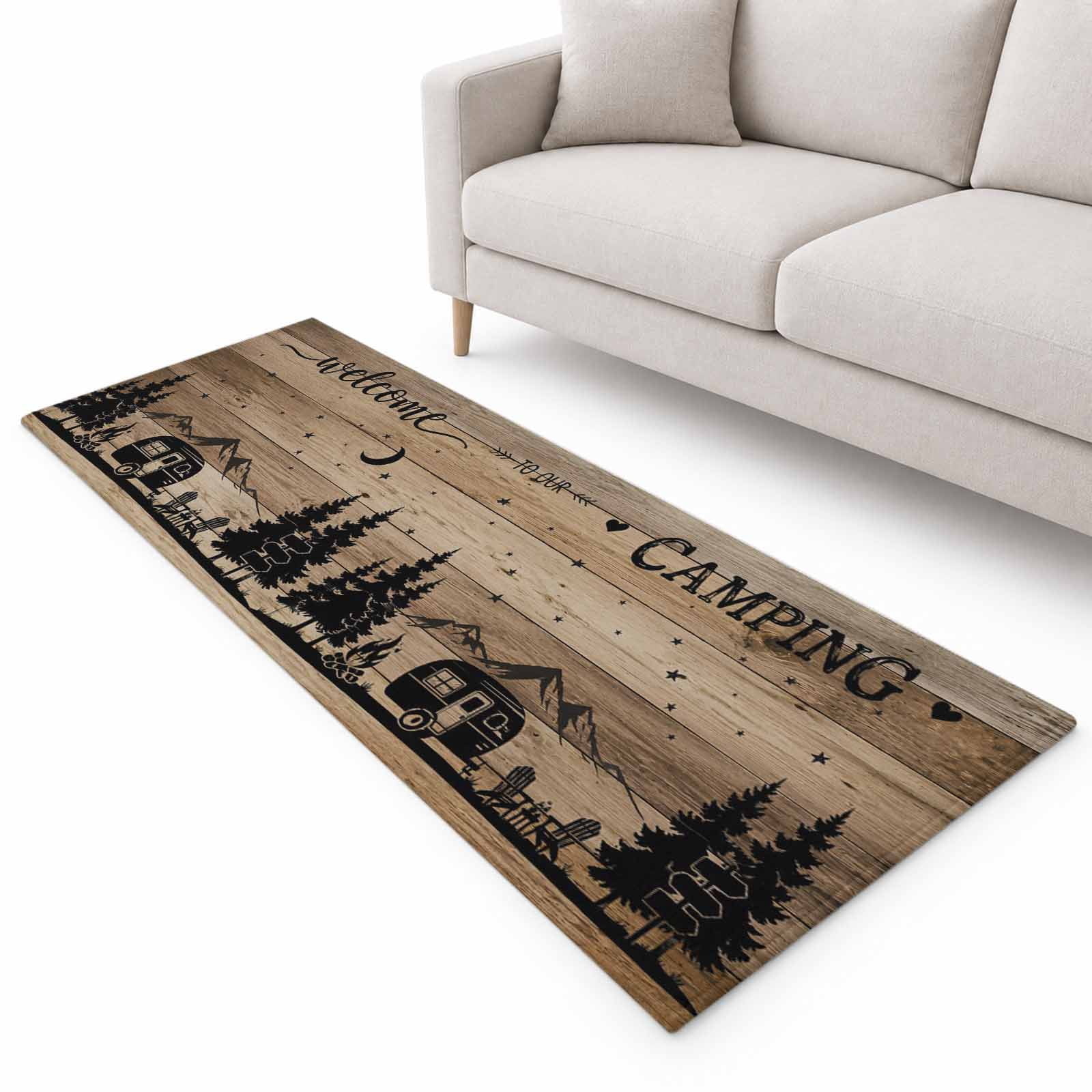 Camping Theme Runner Rug 2'x6', Black Camper Mountains Forest Rustic ...