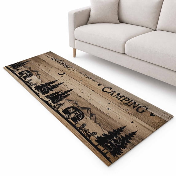 Camping Theme Runner Rug 2'x6', Black Camper Mountains Forest Rustic ...