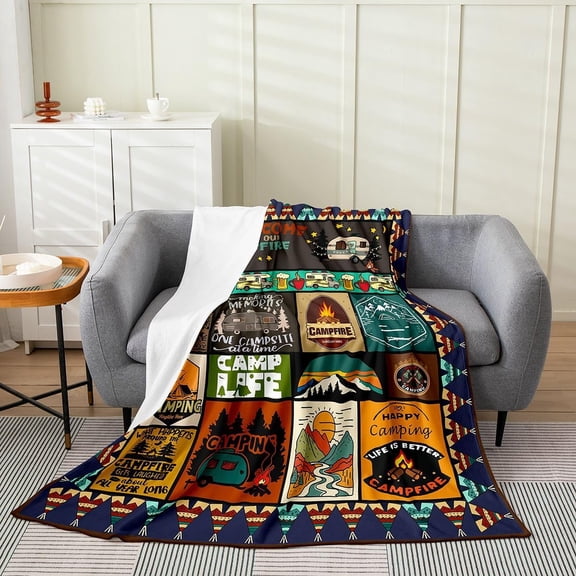 Camping Theme Sherpa Throw Blanket for Couch and Bed