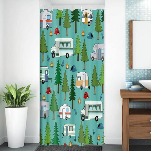Camping Theme Shower Curtain, Camper Decor Shower Curtain, Happy Camping Polyester Fabric Shower Curtain Set for Bathroom with Hooks,47X64inch