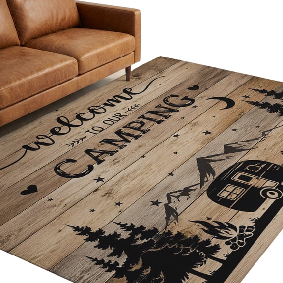Camping Theme Washable Area Rug 5 x 8 ft Black Camper Mountains Forest Rustic Wood Grain Soft Non‑Slip Rugs Stain Repellent Indoor Mats for Spacious Family Room, Long Dining‑Table, Sunroom