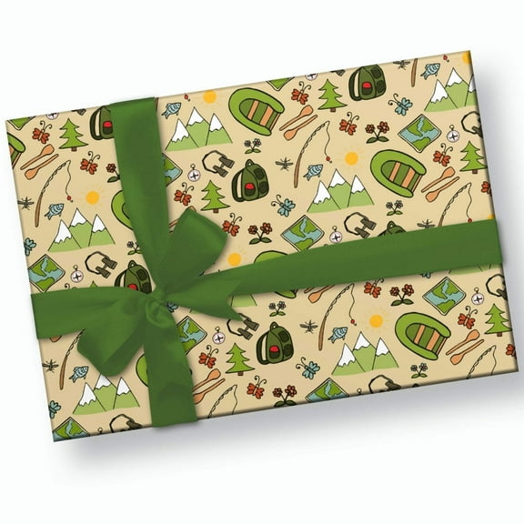 Camping Themed Gift Wrap Paper, 3 Sheets, 30x20in, Nature Lover Raft Mountains Hiking Backpack