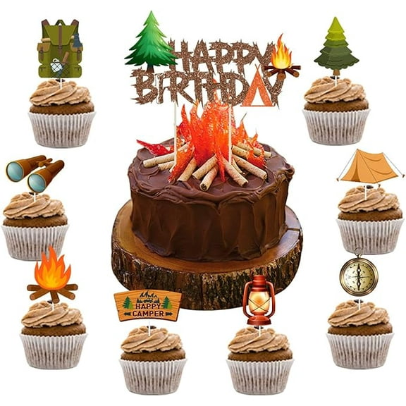 Camping Themed Happy Birthday Cake Topper with 24 Pack Cupcake Picks Flashlight Campfire for Camping Adventure Birthday Party Decorations