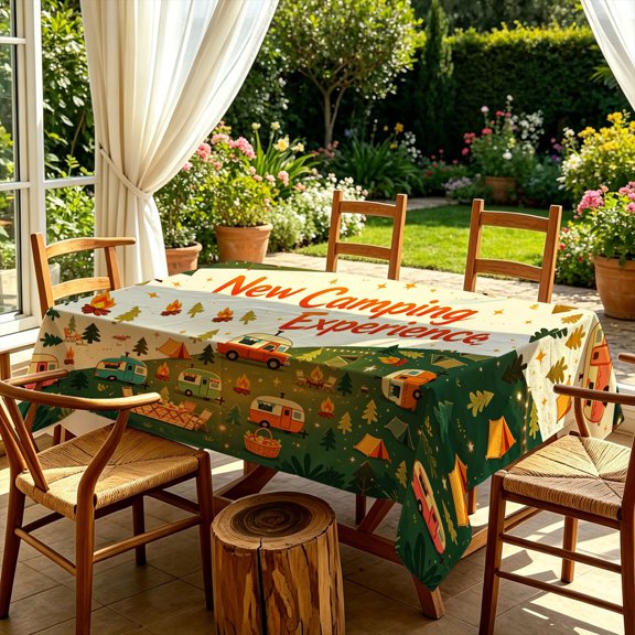 Camping Themed Retro Camper Van Forest Campfire 2D Print Tablecloth, Rectangular Table Cover Decor for Kitchen Dining Patio Backyard Gatherings, Ideal Christmas Gift