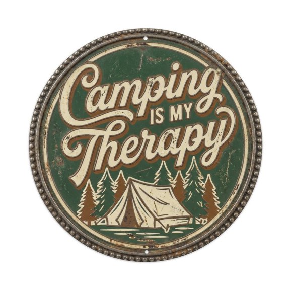 Camping Is My Therapy Vintage Living Accessory Retro Slogans Vintage Metal Tin Sign Plaque Wall Decor for Cafe, Club, Garden Round Metal Poster 8x8Inch