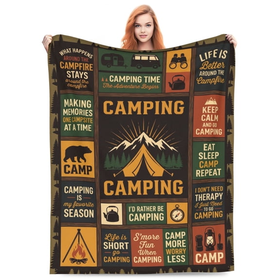 Camping Throw Blanket, Campsite Outdoors RV Travel Adventure Pattern, Soft Cozy Plush Flannel Blanket for Couch Bed 50x40