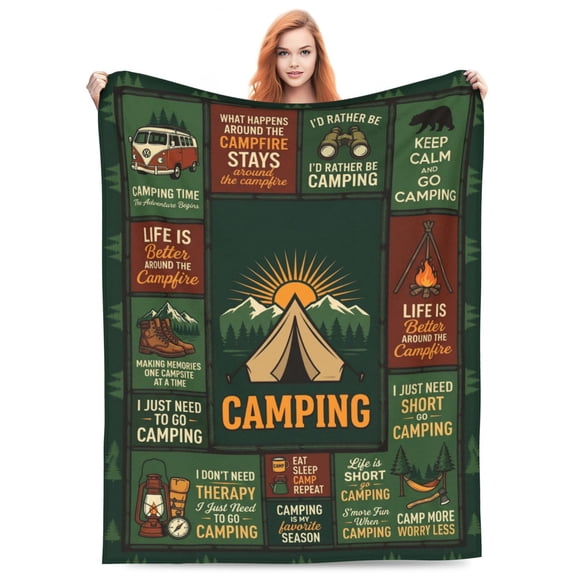Camping Throw Blanket, Campsite Outdoors RV Travel Adventure Pattern, Soft Cozy Plush Flannel Blanket for Couch Bed 50x40