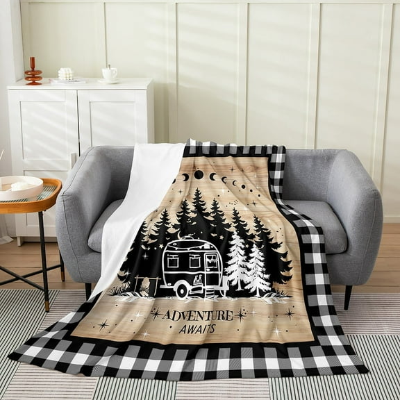 Camping Throw Blanket,Rv Camper Adventure Blanket Queen 90x90,Sun Moon Stars Fuzzy Blanket,Rustic Farmhouse Fleece Blanket For Home Room Decor,Buffalo Lattice Flannel Blanket For Travel