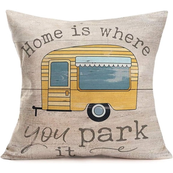Camping Throw Pillow Covers Home Decor Happy Camper Rv Car with Sweet Words Lettering Pillow Cases Cushion Cover 18x18 Inch Cotton Linen Pillow Shams Standard Camper Gifts Women Men