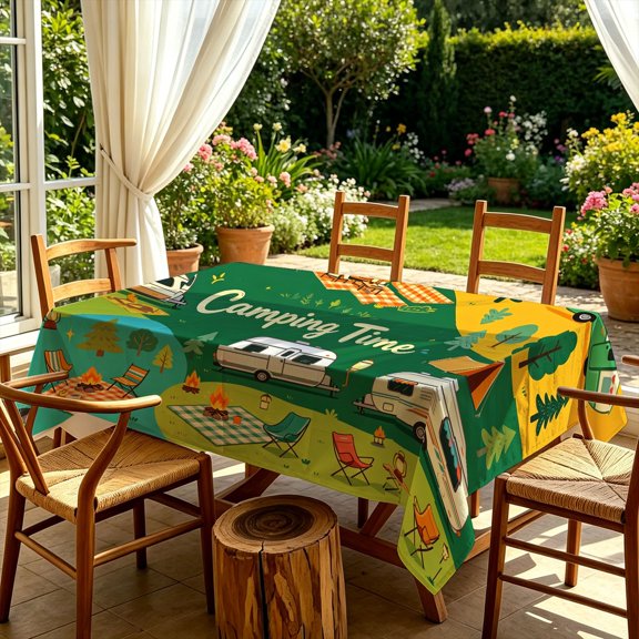 Camping Time RV Trailer Campfire 2D Print Rectangular Tablecloth, Decorative Table Cover for Kitchen Dining Outdoor Patio Garden Picnic Family Gatherings, Perfect Christmas Gift