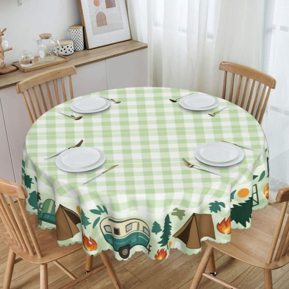 Camping Trailers Tents Trees Round Tablecloth Waterproof Oil-Proof Plastic Table Cloth Stain-Resistant Wipeable 60" for Camping, Dining, Indoor and Outdoor