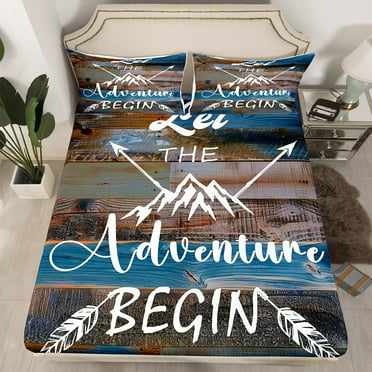 Camping Twin Bedding Set Happy Camping Bed Sheets Adventure Theme Bed Set Rustic Farmhouse Camper Bedding Sets Vintage Wooden Farmstyle Bedding（No Top Sheet）