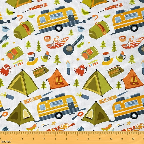 Camping Upholstery Fabric,Camper Themed Fabric By The Yard,Tent Guitar Indoor Outdoor Fabric,Rv Camper Accessories Decorative Fabric,Plant Botanical Material By The Yard,1 Yard