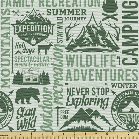 Ambesonne Camping Fabric by the Yard Upholstery, Outdoors Adventure Theme, 2 Yards, Pale Green Dark Green