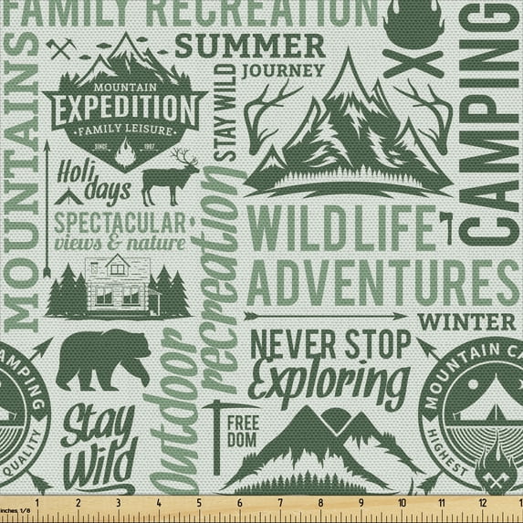 Ambesonne Camping Fabric by the Yard Upholstery, Outdoors Adventure Theme, 3 Yards, Pale Green Dark Green