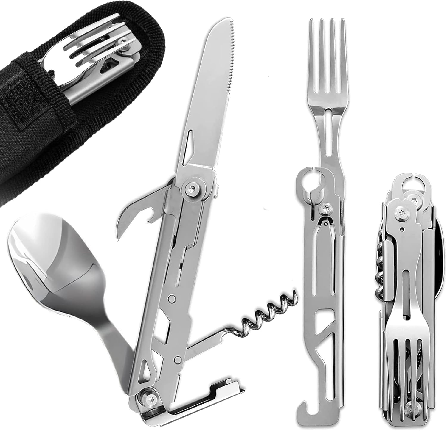 Camping Utensils, 5 in 1 Detachable Cutlery Folding Knife, Stainless