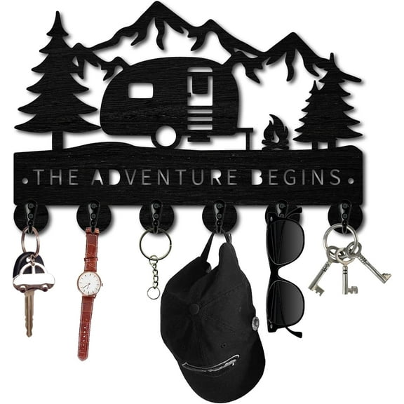 Camping Vehicle Key Hooks Holder for Wall Black Key Holder Wall Mount Mountain Trees Wooden Key Hanging Hangers Key Organizer Rack Wall Decor Hook for Entryway Front Door Hallway 12x7.5Inch Black DIY