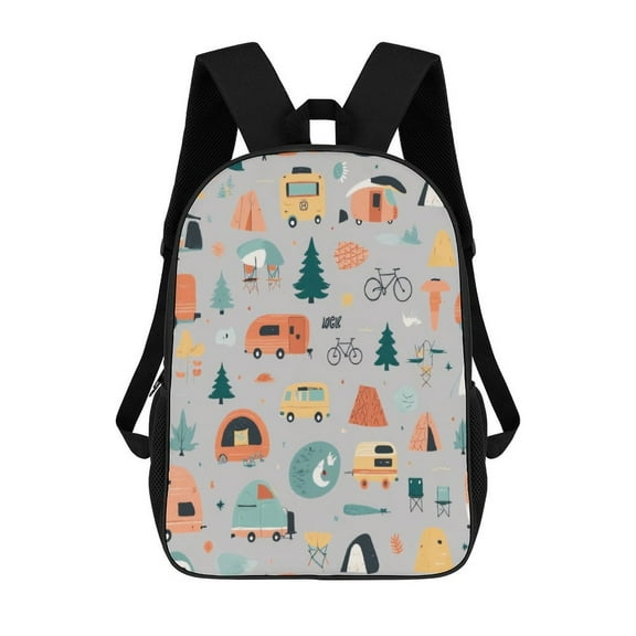 Camping Vehicles And Tents Pattern 17in Backpack 3D Print Student Large Capacity