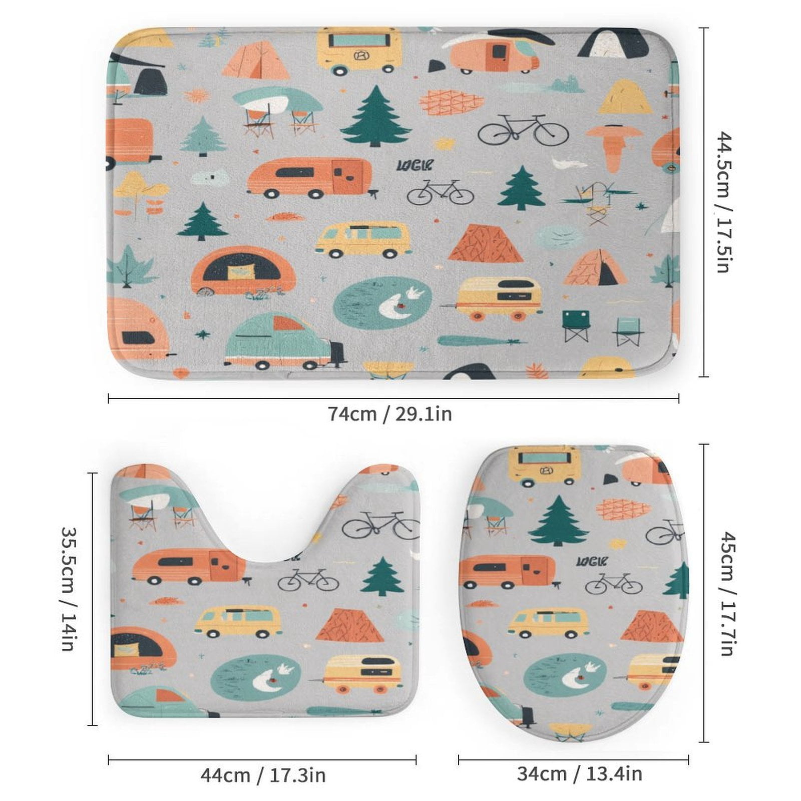 Camping Vehicles And Tents Pattern Bathroom Rugs Sets 3 Piece Toilet ...