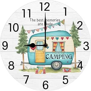 Camping Wall Clock Happy Camper Clocks Retirement Gift Percect Decor for RV Wall 10 inch Small Battery Operated Silent Non-Ticking Kitchen Living Room Decoration