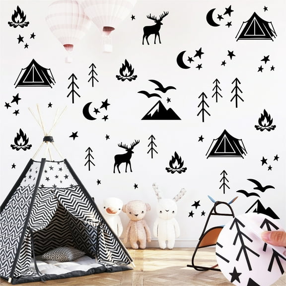 Camping Wall Decals Set, 10 Sheets 230 Pieces Black, Outdoor Adventure Theme with Tents, Mountains, Trees, Stars, Bedroom Classroom Nursery Decoration