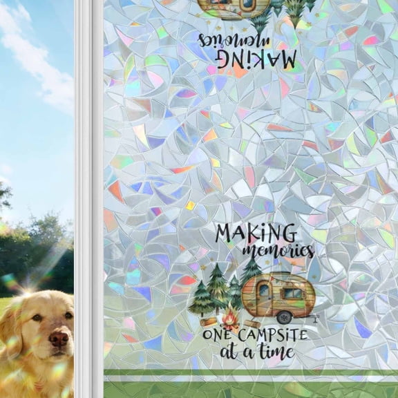 Camping Window Privacy Film Stain Glass,Reusable Decorative Rainbow Window Film,Fall Summer Nature Forest Car Tree Moon Static Cling Sun Blocking Stickers Decals Covers 17.7" x 39.3" (2pcs)