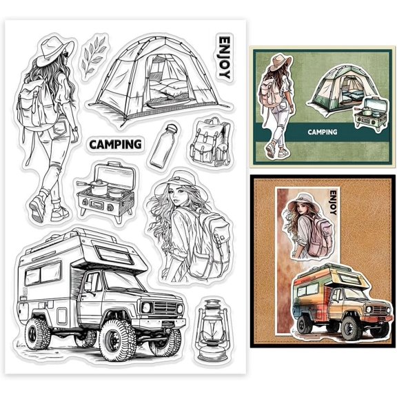 Camping Women Clear Stamps RV Tent Lady Silicone Clear Stamp Seals Backpack Water Cup Transparent Stamps for DIY Scrapbooking Cards Making Photo Album Journal DIY