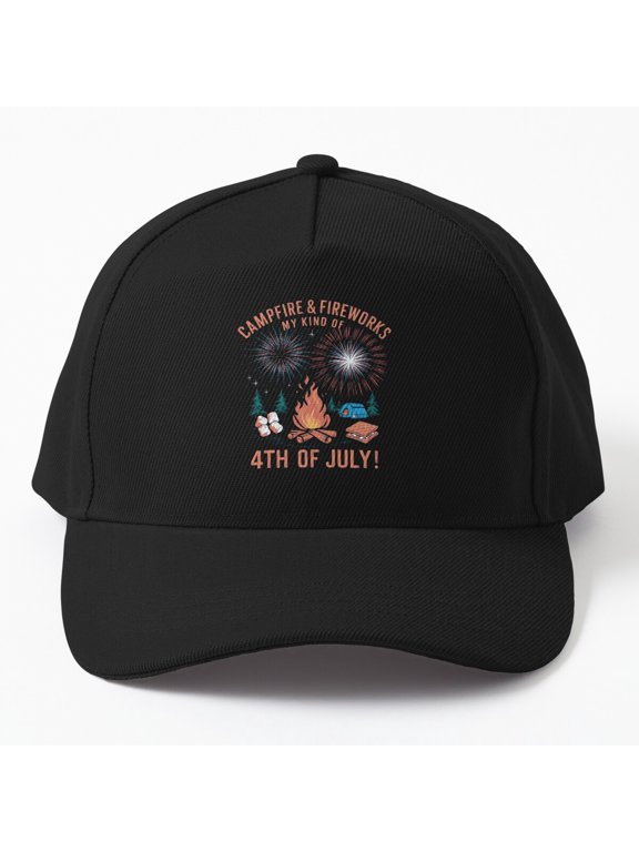 Camping and Fireworks Baseball Hat, Fourth of July Independence Outdoor Celebration Cap