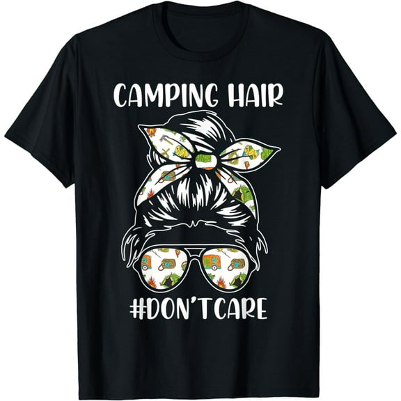 Camping hair don't care messy hair in bun bandana T-Shirt