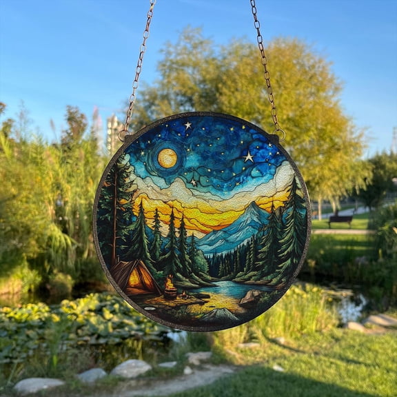 Camping in the Starry Sky Painted Stained Glass Suncatcher, Window Hanging Decor, Outdoor Sun Catcher Decor, CamperÂ&nbsp;WallÂ&nbsp;Decor