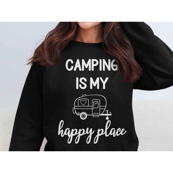 Camping is My Happy Place Sweatshirt, Cute Camper Graphic, Outdoor Adventure Cozy Top, Camping Lover Gift, Comfy Casual Wear (2XL, Black)