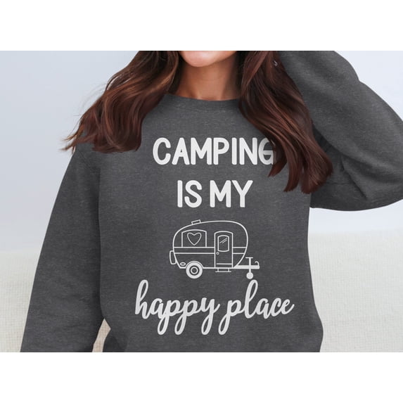 Camping is My Happy Place Sweatshirt, Cute Camper Graphic, Outdoor Adventure Cozy Top, Camping Lover Gift, Comfy Casual Wear (3XL, DarkHeather)