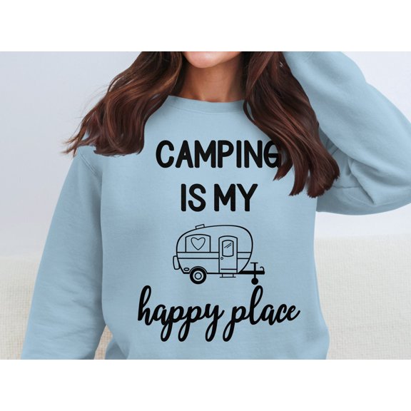 Camping is My Happy Place Sweatshirt, Cute Camper Graphic, Outdoor Adventure Cozy Top, Camping Lover Gift, Comfy Casual Wear (L, LightBlue)