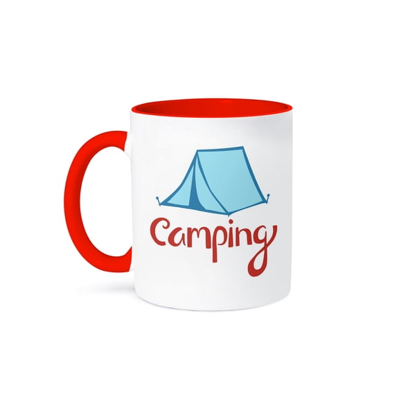 3dRose, Camping, picture of a tent with red lettering, 15oz Two-Tone Red Mug