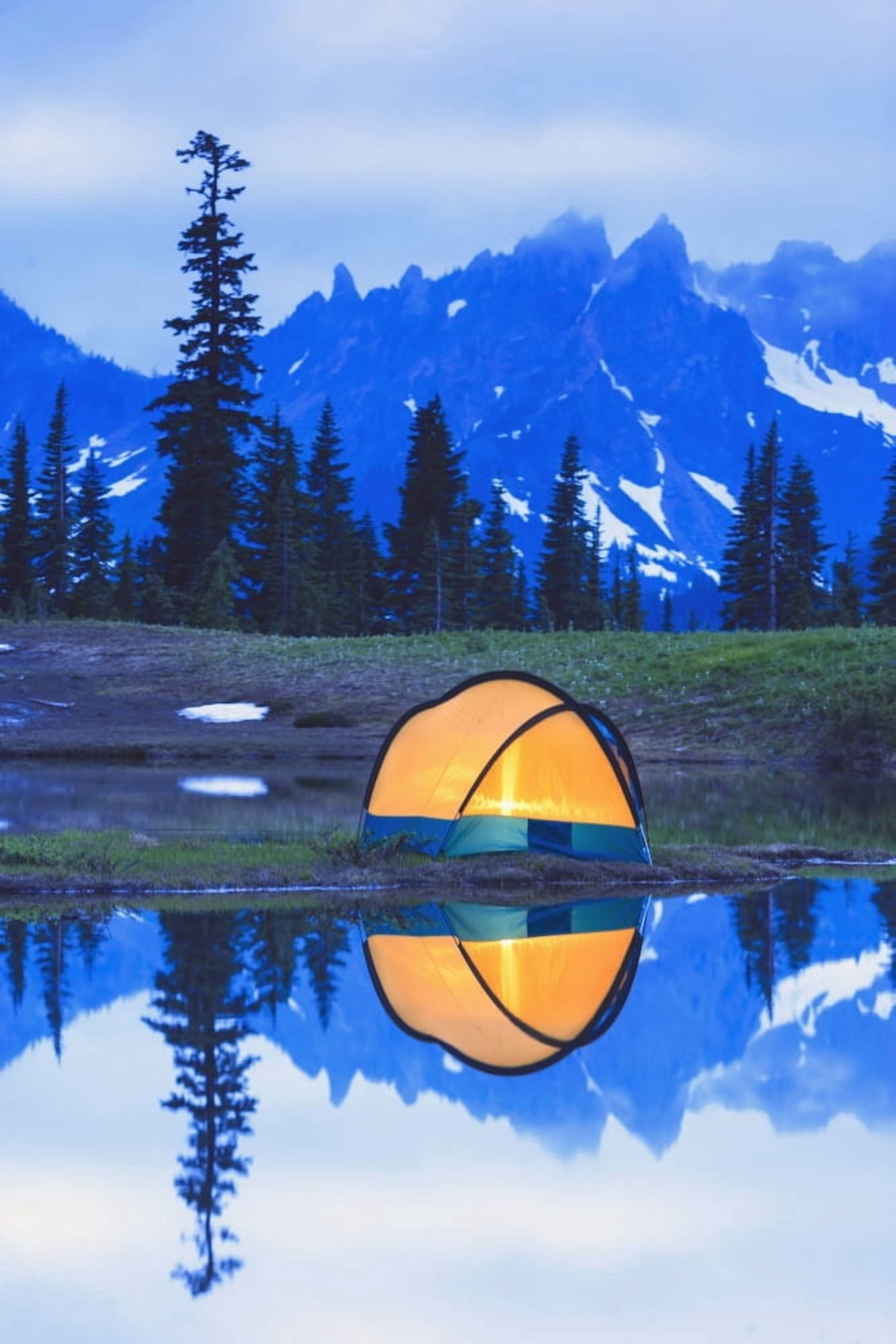 Camping tent at sunset small reflecting pond near tipsoo lake mount rainer national park near seattleWashington united states of america Canvas Art - Stuart Westmorland  Design Pics (12 x 19)