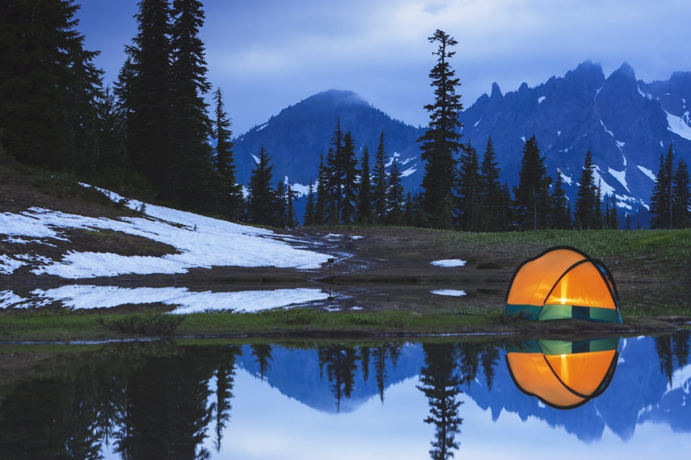 Camping tent at sunset by a small reflecting pond near tipsoo lake mount rainer national park near seattleWashington united states of america Canvas Art - Stuart Westmorland Design Pics (38 x 24)
