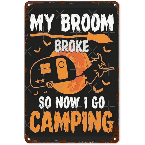Campingoween Witch Camping Metal Wall Sign, Retro Patio Garage Decor, Inspirational Quote Plaque, 8 x 12 Inch
