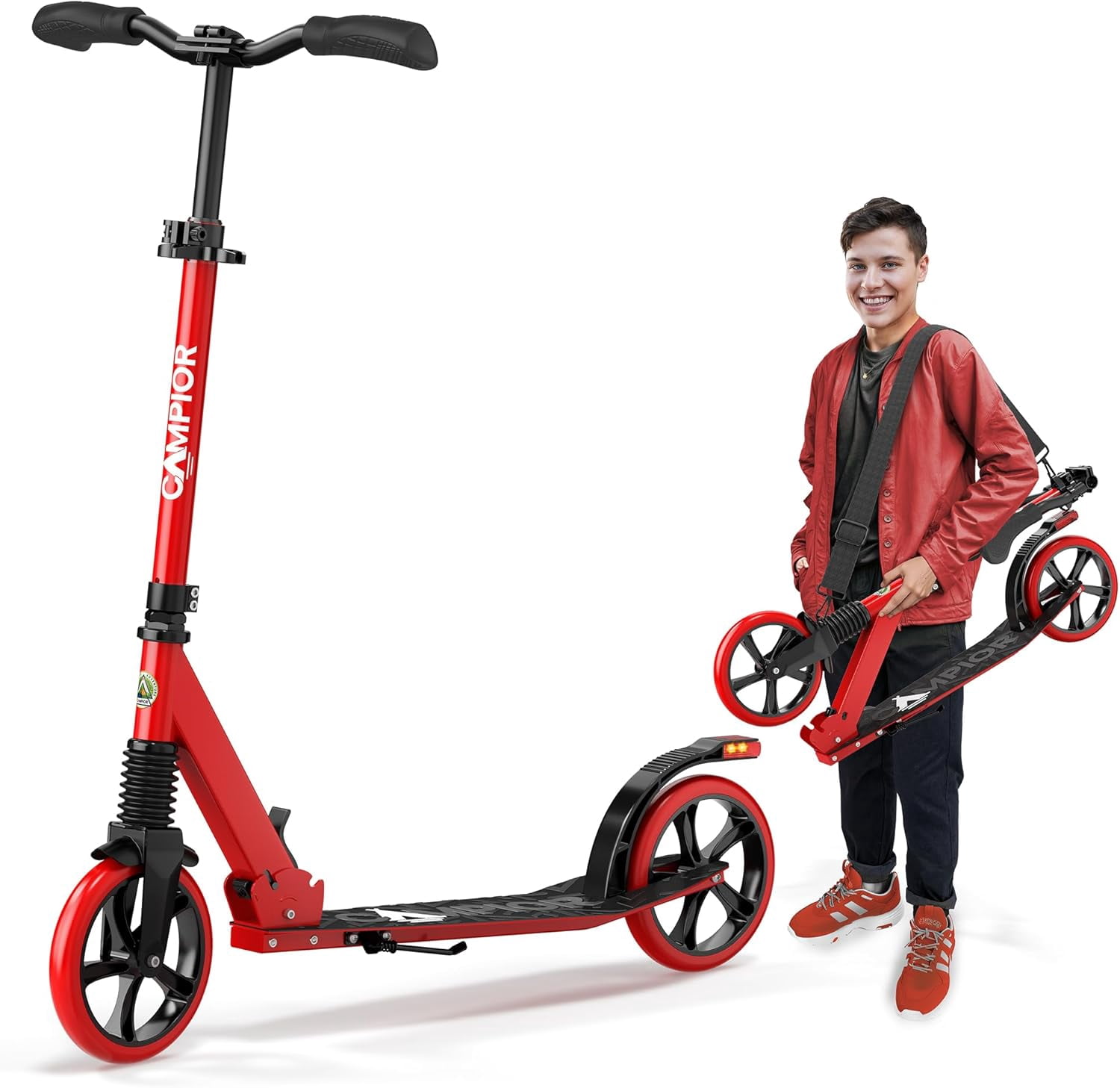 Campior Foldable Kick Scooter for Ages 6+, Kids/Teens/Adults, 240 lb Max Load, 8-inch Wheels, 3 Height Levels, Kickstand, Safety Approved, Red