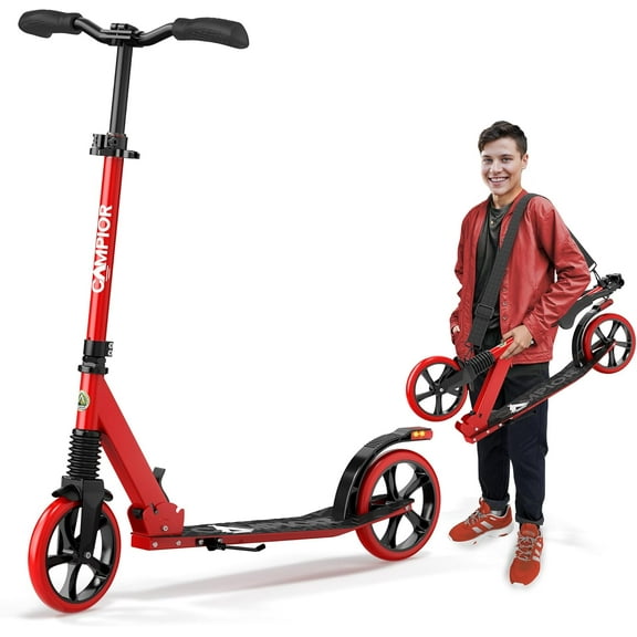 Campior Foldable Kick Scooter for Ages 6+, Kids/Teens/Adults, 240 lb Max Load, 8-inch Wheels, 3 Height Levels, Kickstand, Safety Approved, Red