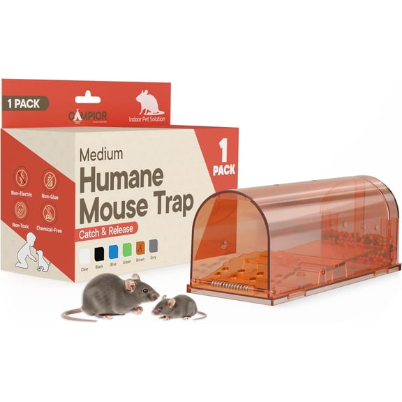 Campior Humane Mouse Trap Pack of 1, Live Catch & Release, Indoor/Outdoor, Pet & Child Safe, Reusable Plastic Cage, Brown