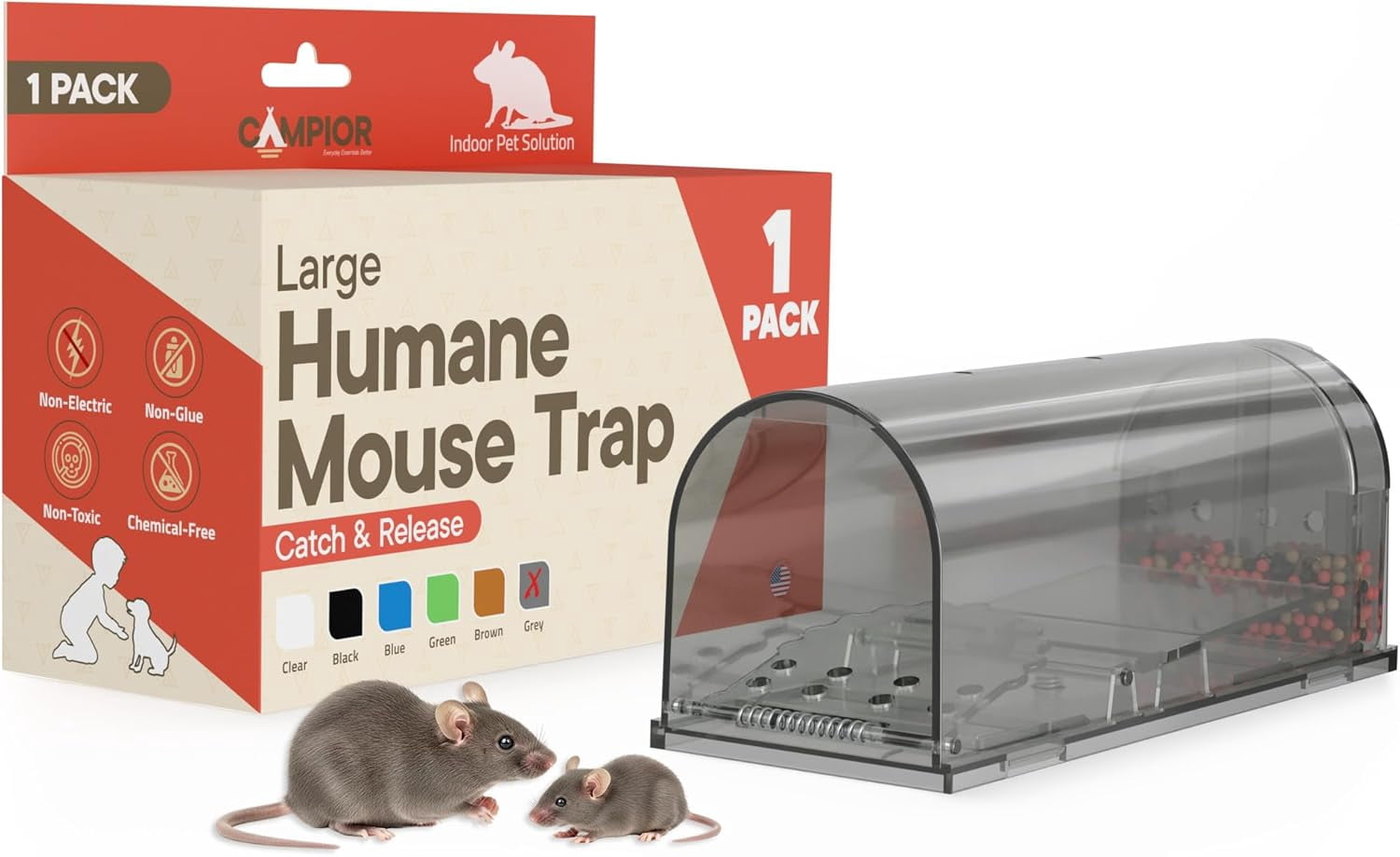 Campior Humane Mouse Trap Pack of 1, Live Catch & Release, Indoor/Outdoor, Pet & Child Safe, Reusable Plastic Cage, Gray
