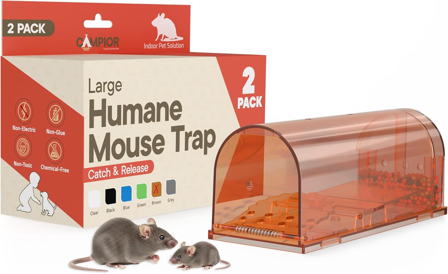 Campior Humane Mouse Trap Pack of 2, Live Catch & Release, Indoor/Outdoor, Pet & Child Safe, Reusable Plastic Cage, Brown