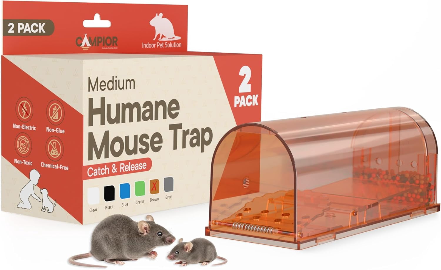 Campior Humane Mouse Trap Pack of 2, Live Catch & Release, Indoor/Outdoor, Pet & Child Safe, Reusable Plastic Cage, Brown