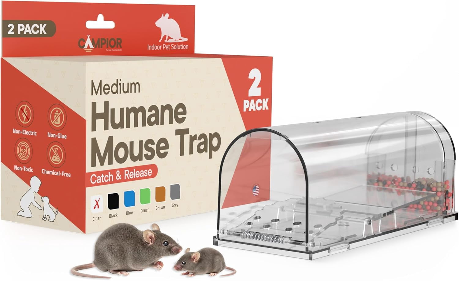 Campior Humane Mouse Trap Pack of 2, Live Catch & Release, Indoor/Outdoor, Pet & Child Safe, Reusable Plastic Cage, Clear