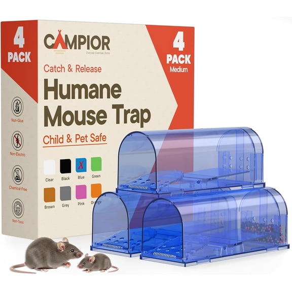 Campior Humane Mouse Trap Pack of 4, Live Catch & Release, Indoor/Outdoor, Pet & Child Safe, Reusable Plastic Cage, Blue