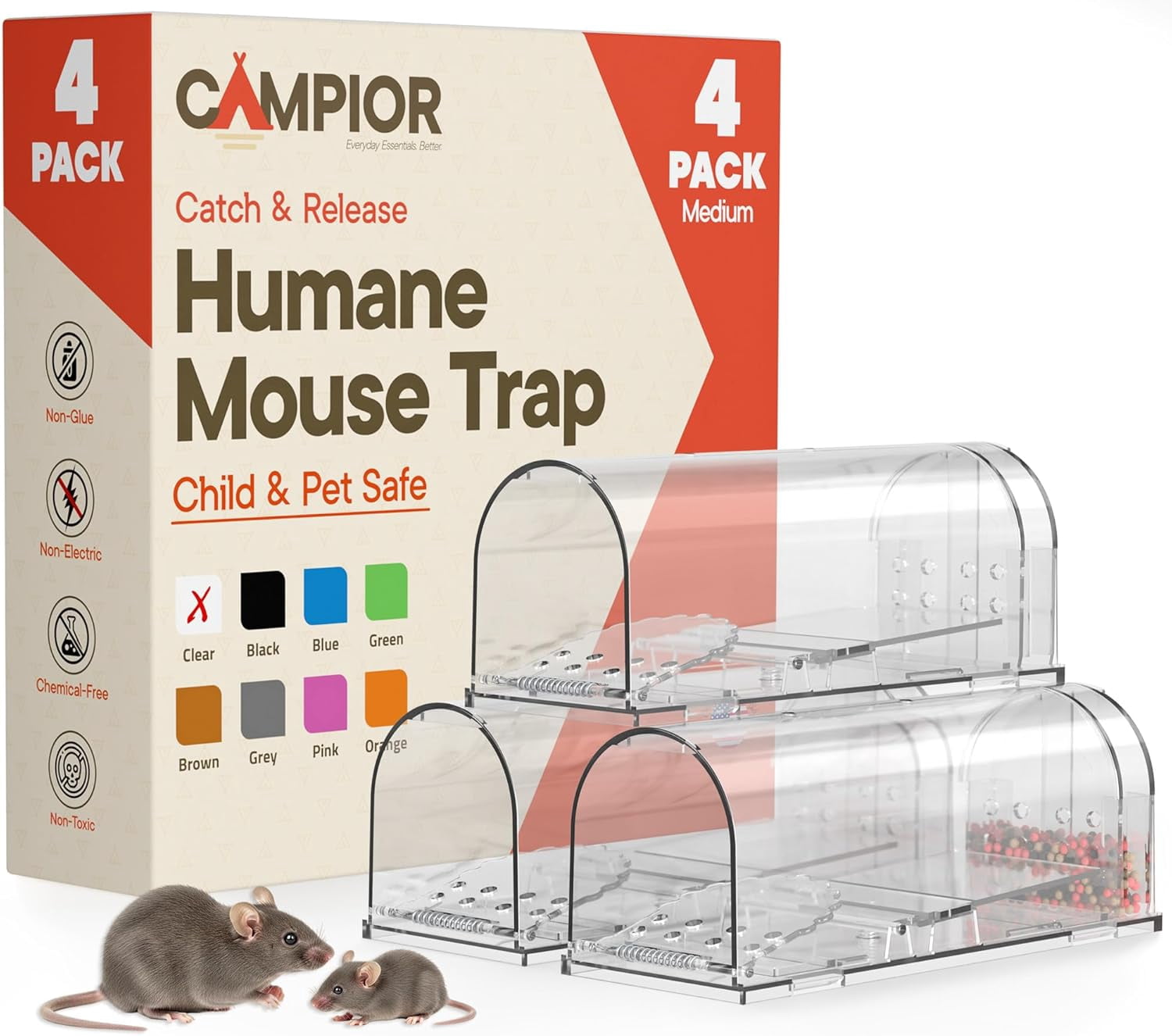 Campior Humane Mouse Trap Pack of 4, Live Catch & Release, Indoor/Outdoor, Pet & Child Safe, Reusable Plastic Cage, Clear