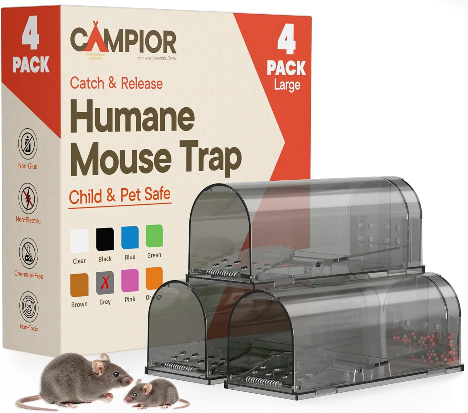 Campior Humane Mouse Trap Pack of 4, Live Catch & Release, Indoor/Outdoor, Pet & Child Safe, Reusable Plastic Cage, Gray
