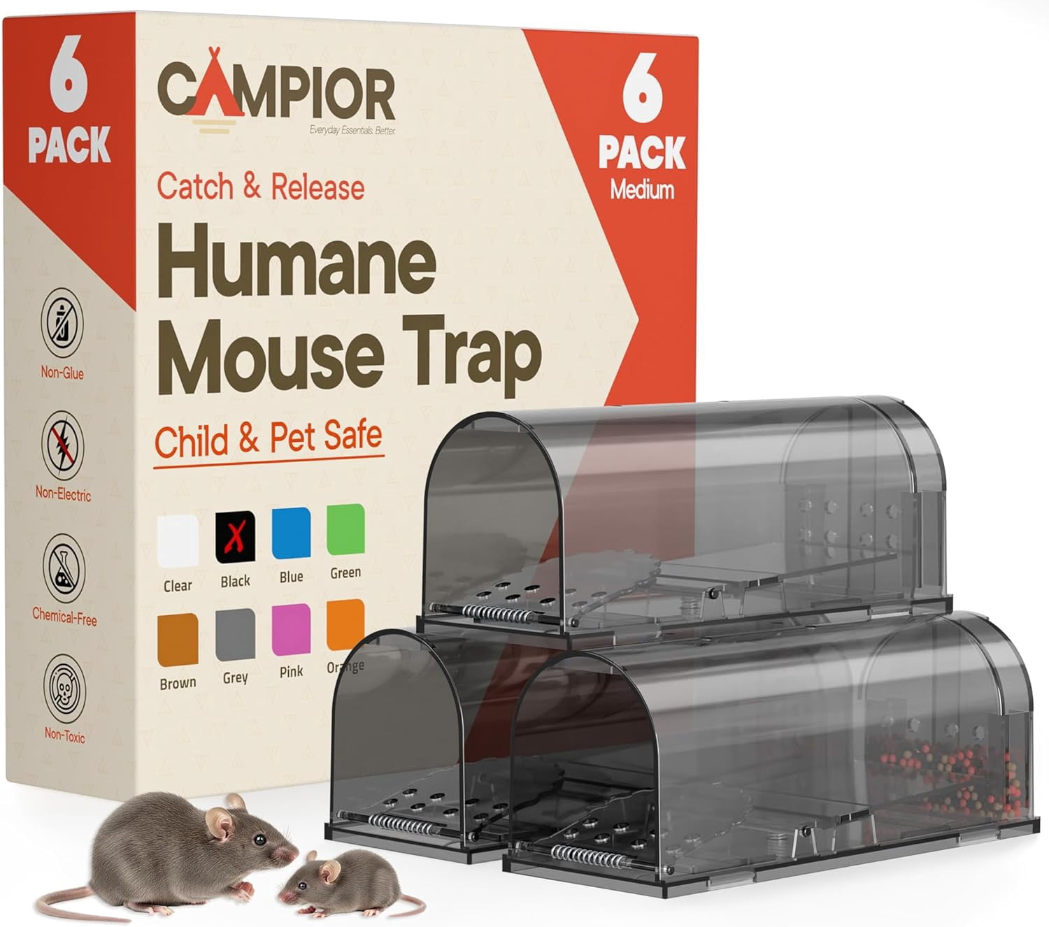 Campior Humane Mouse Trap Pack of 6, Live Catch & Release, Indoor/Outdoor, Pet & Child Safe, Reusable Plastic Cage, Black